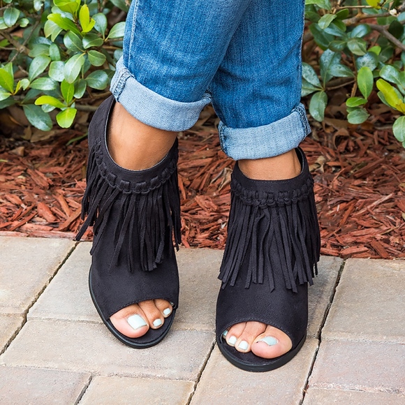 SODA Shoes - BLACK PEEP TOE FRINGED BOOTIES- GUSTO